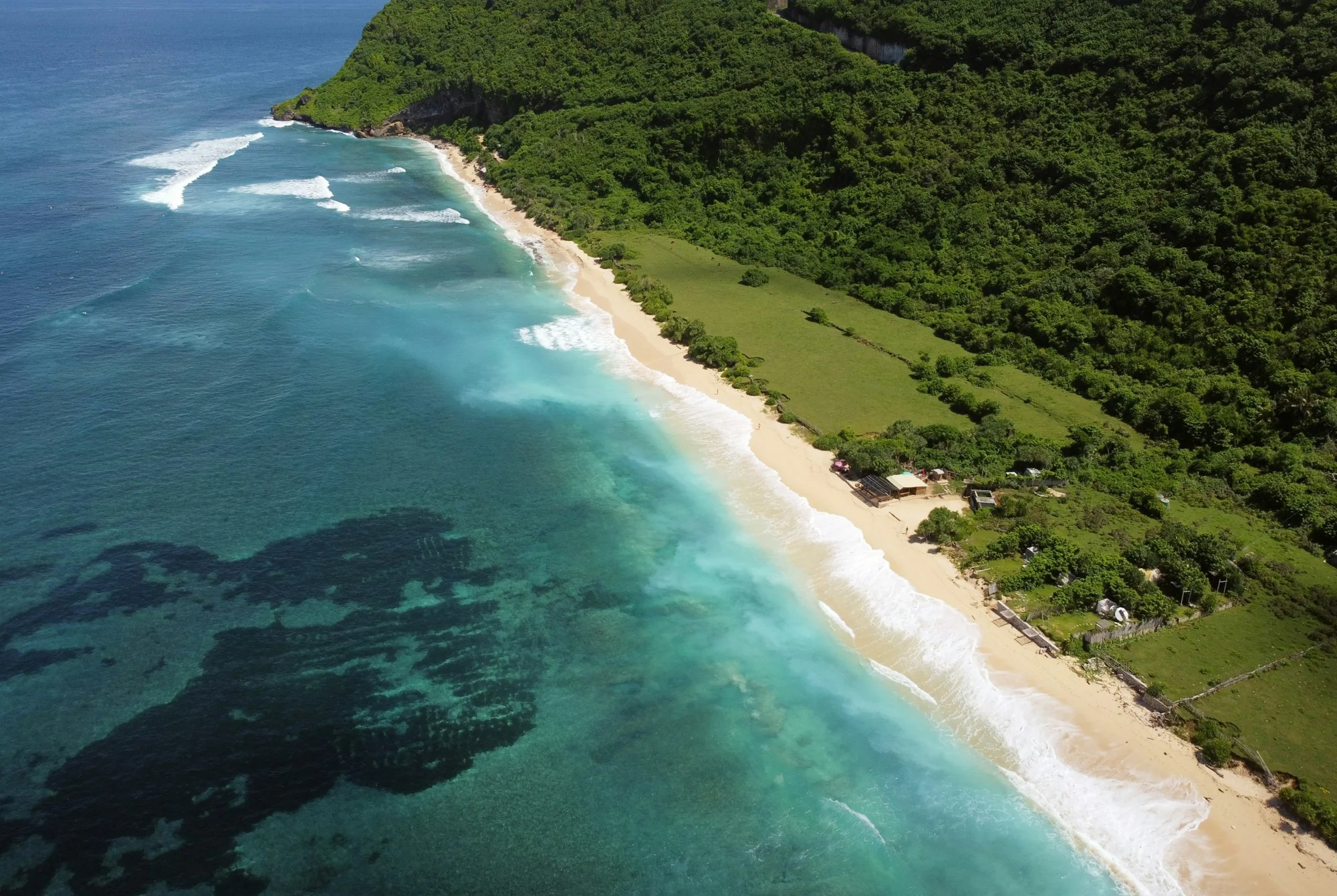 Waves meeting the forest-lined coast at Nyang Nyang Beach, Bali